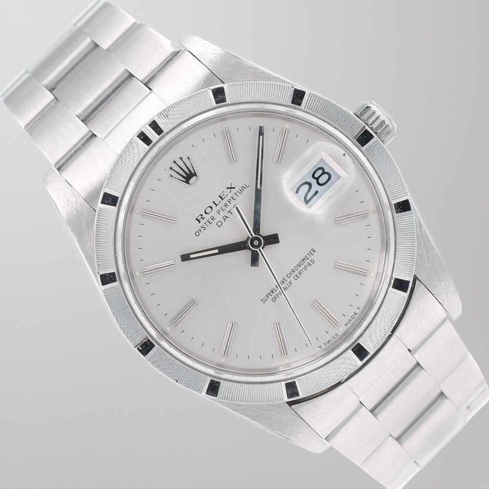 Rolex Mens Date 34mm Stainless Steel Silver Index Engine-Turned Oyster 15010